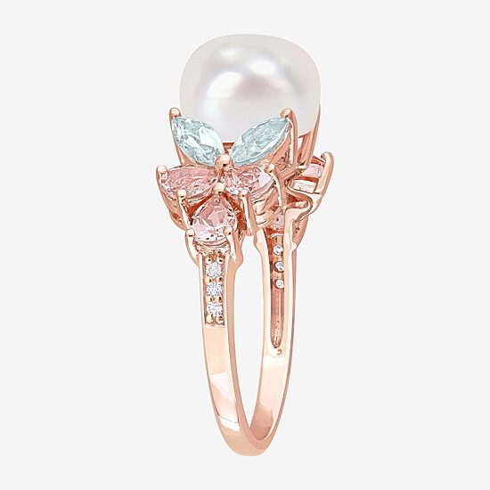 Womens 8-9MM White Cultured Freshwater Pearl 18K Rose Gold Over Silver Cocktail Ring
