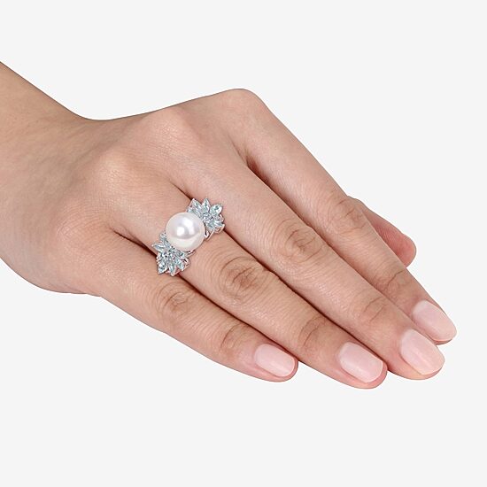 Womens 9-9.5MM White Cultured Freshwater Pearl & 1/8 CT. T.W.  Genuine Diamond 14K White Gold Cocktail Ring