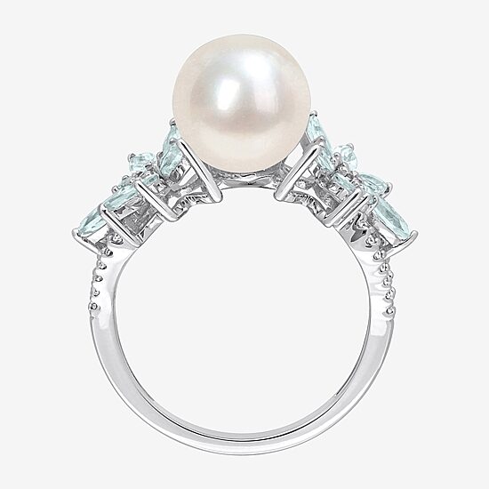 Womens 9-9.5MM White Cultured Freshwater Pearl & 1/8 CT. T.W.  Genuine Diamond 14K White Gold Cocktail Ring