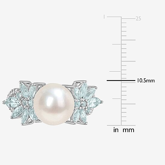 Womens 9-9.5MM White Cultured Freshwater Pearl & 1/8 CT. T.W.  Genuine Diamond 14K White Gold Cocktail Ring