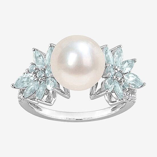 Womens 9-9.5MM White Cultured Freshwater Pearl & 1/8 CT. T.W.  Genuine Diamond 14K White Gold Cocktail Ring