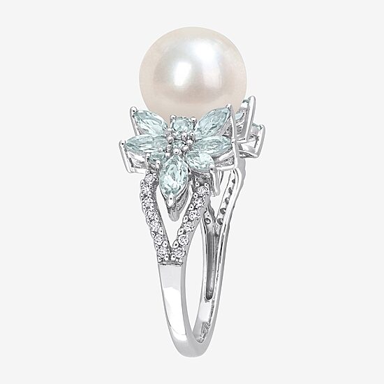Womens 9-9.5MM White Cultured Freshwater Pearl & 1/8 CT. T.W.  Genuine Diamond 14K White Gold Cocktail Ring