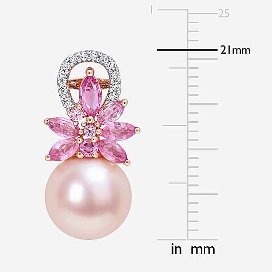 Pink Cultured Freshwater Pearl & 1/8 CT. T.W.  Genuine Diamond 14K Rose Gold Flower Drop Earrings