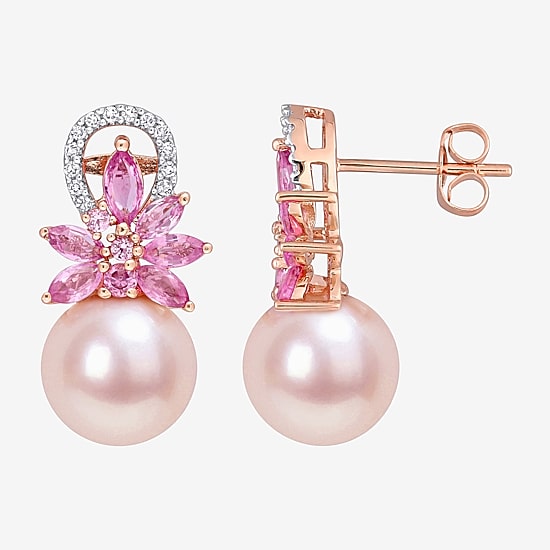 Pink Cultured Freshwater Pearl & 1/8 CT. T.W.  Genuine Diamond 14K Rose Gold Flower Drop Earrings