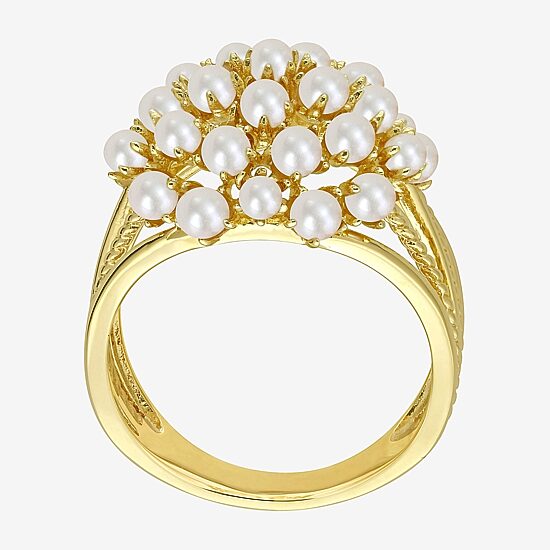 Womens 2.5MM White Cultured Freshwater Pearl 18K Gold Over Silver Cocktail Ring