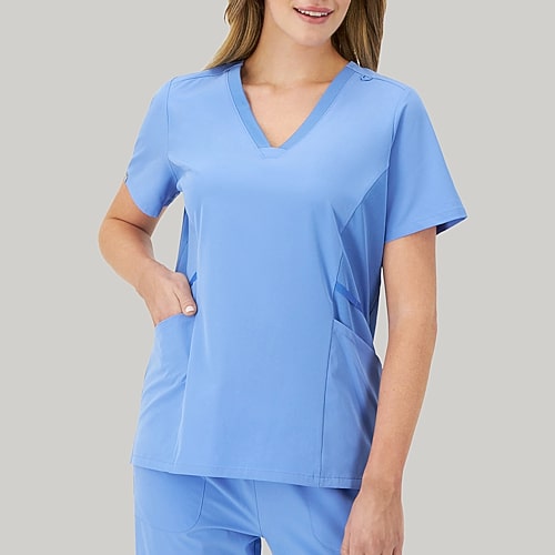 Hanes Womens V Neck Short Sleeve Tag Free Scrub Top, Medium, Blue