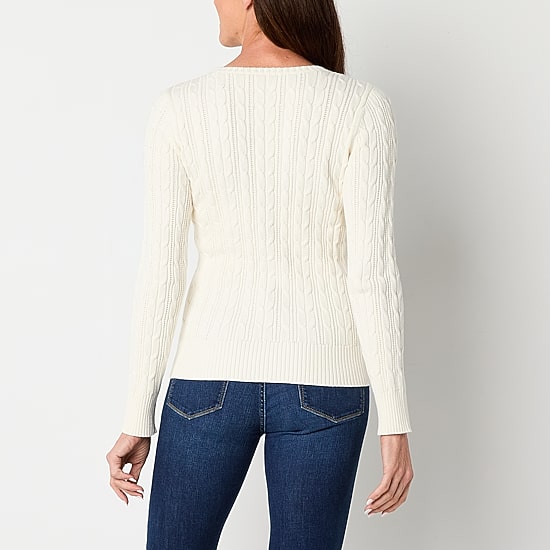St. John's Bay Womens Crew Neck Long Sleeve Cable Knit Pullover Sweater