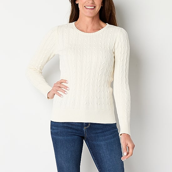 St. John's Bay Womens Crew Neck Long Sleeve Cable Knit Pullover Sweater