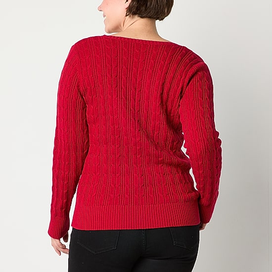 St. John's Bay Womens V Neck Long Sleeve Cable Knit Pullover Sweater