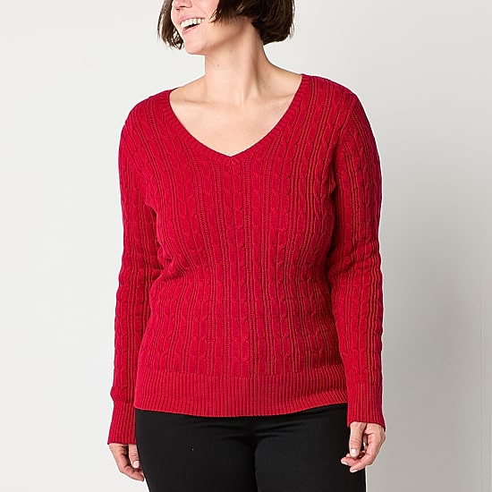 St. John's Bay Womens V Neck Long Sleeve Cable Knit Pullover Sweater