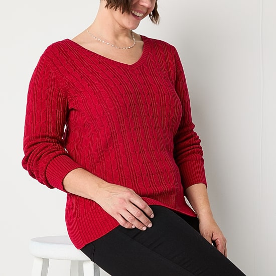 St. John's Bay Womens V Neck Long Sleeve Cable Knit Pullover Sweater