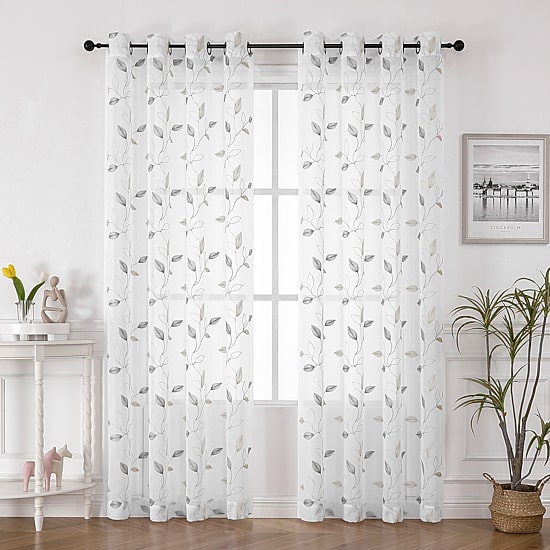 Regal Home Cedar Embroidered Grommet Top Embroidered Sheer Set of 2 Curtain Panel