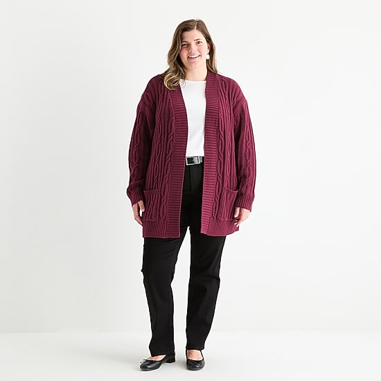 St. John's Bay Plus Womens Long Sleeve Cable Knit Cardigan