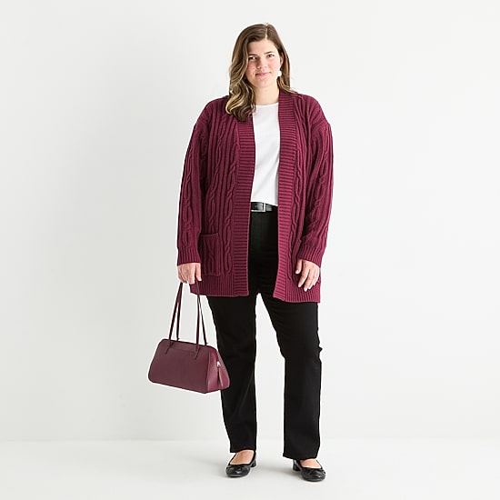 St. John's Bay Plus Womens Long Sleeve Cable Knit Cardigan