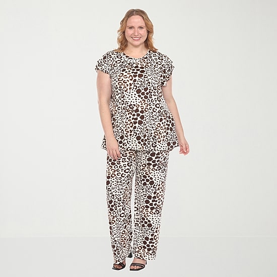 White Mark Knit 2-pc. Leopard Pant Set-Plus