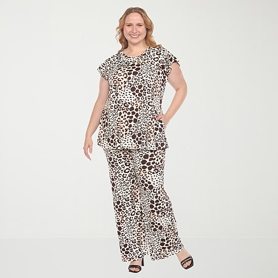 White Mark Knit 2-pc. Leopard Pant Set-Plus