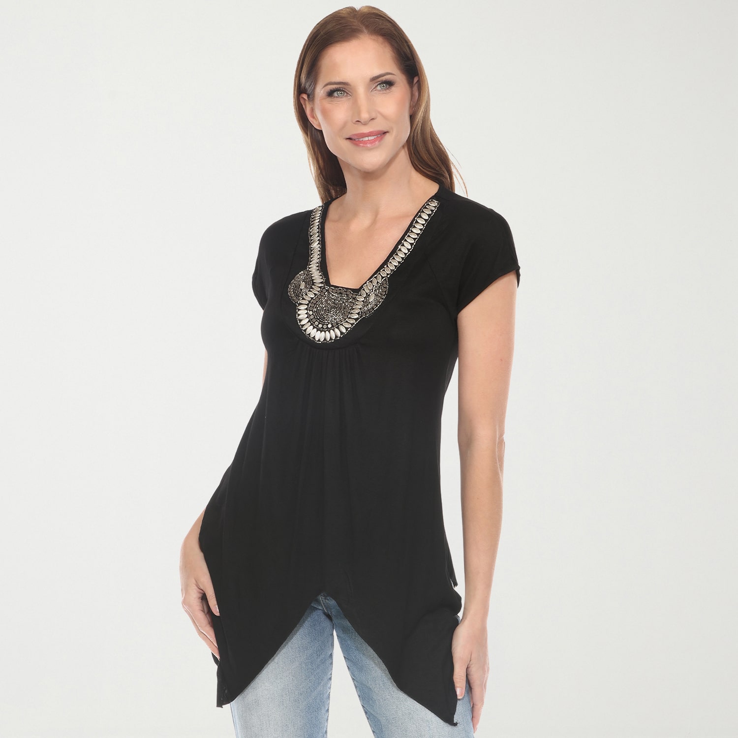 White Mark Womens V Neck Short Sleeve Embellished Tunic Top