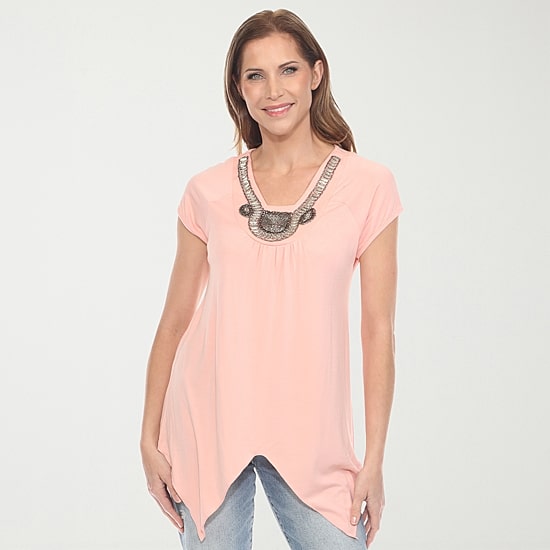White Mark Womens V Neck Short Sleeve Embellished Tunic Top
