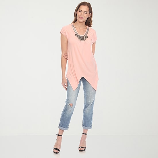 White Mark Womens V Neck Short Sleeve Embellished Tunic Top
