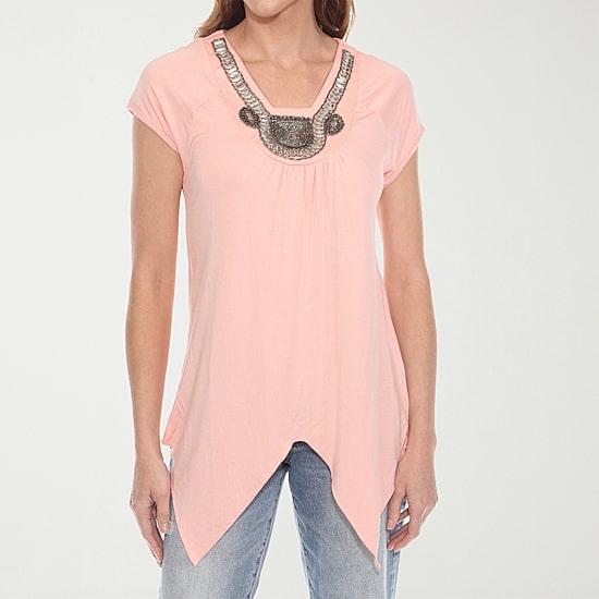 White Mark Womens V Neck Short Sleeve Embellished Tunic Top