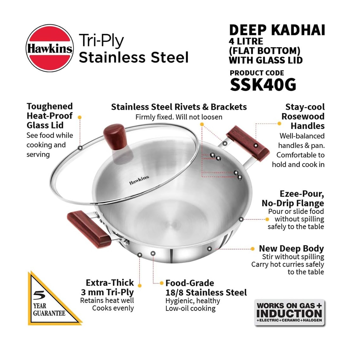Hawkins Stainless Steel 4 Liter Deep Kadhai Pan