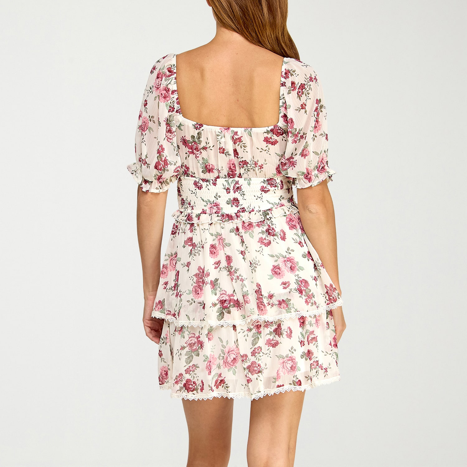 Trixxi Womens Juniors Straight Neck Short Sleeve Puffed Chiffon Floral Fit + Flare Dress