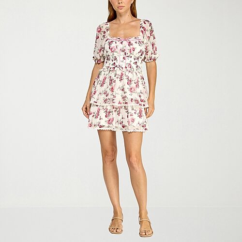 Trixxi Womens Juniors Straight Neck Short Sleeve Puffed Chiffon Floral Fit + Flare Dress In Multi