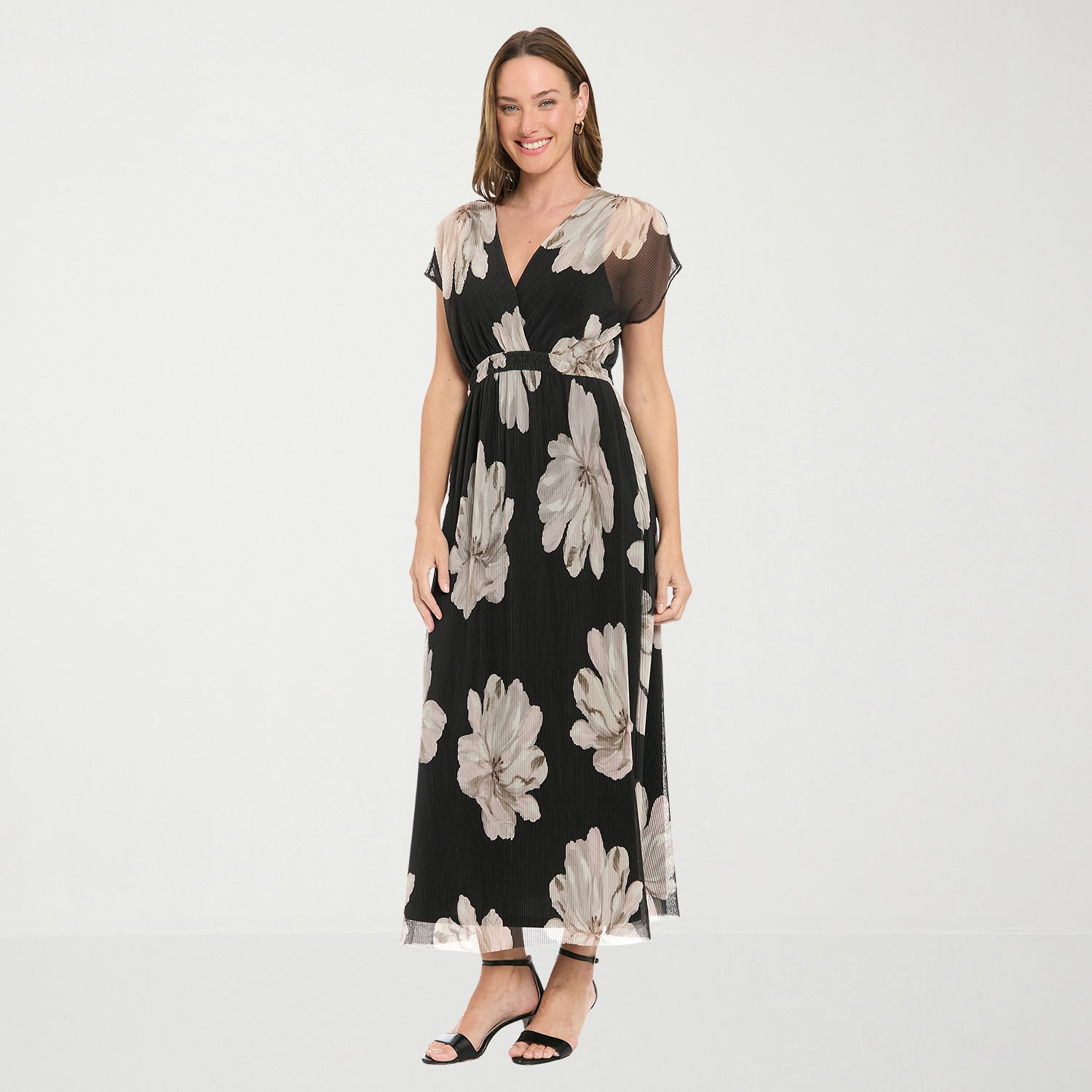 London Times Womens V Neck Short Sleeve Cap Maxi Dress