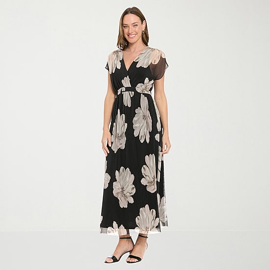 London Times Womens V Neck Short Sleeve Cap Maxi Dress