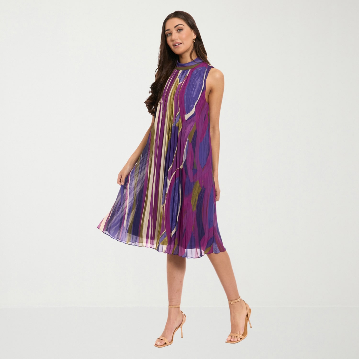 London Times Womens Midi High Neck Sleeveless Abstract Shift Dress