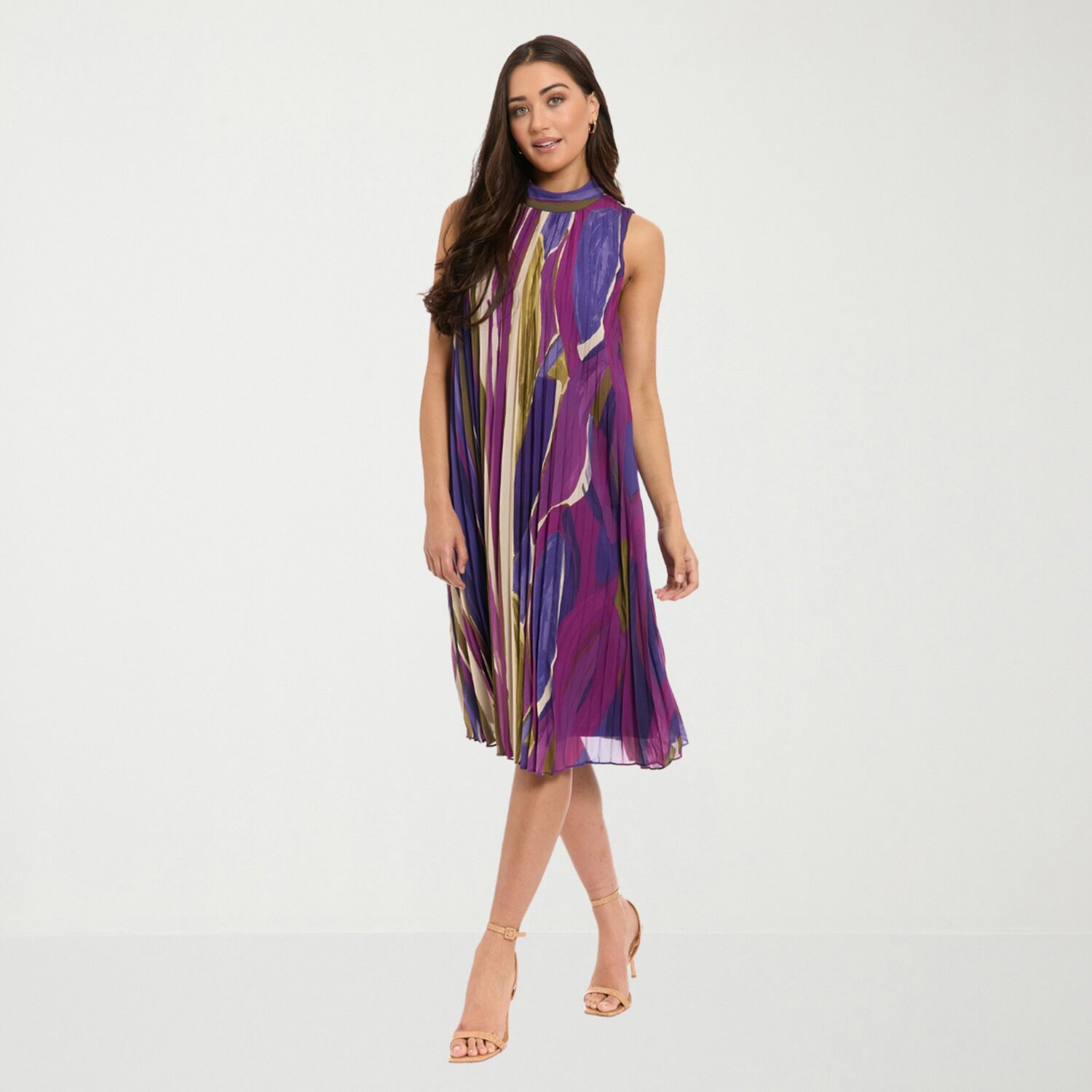 London Times Womens Midi High Neck Sleeveless Abstract Shift Dress