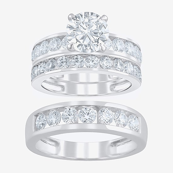 (F / Vs2) Unisex Adult 5 CT. T.W. Lab Grown White Diamond 10K Gold Round Side Stone Bridal Set