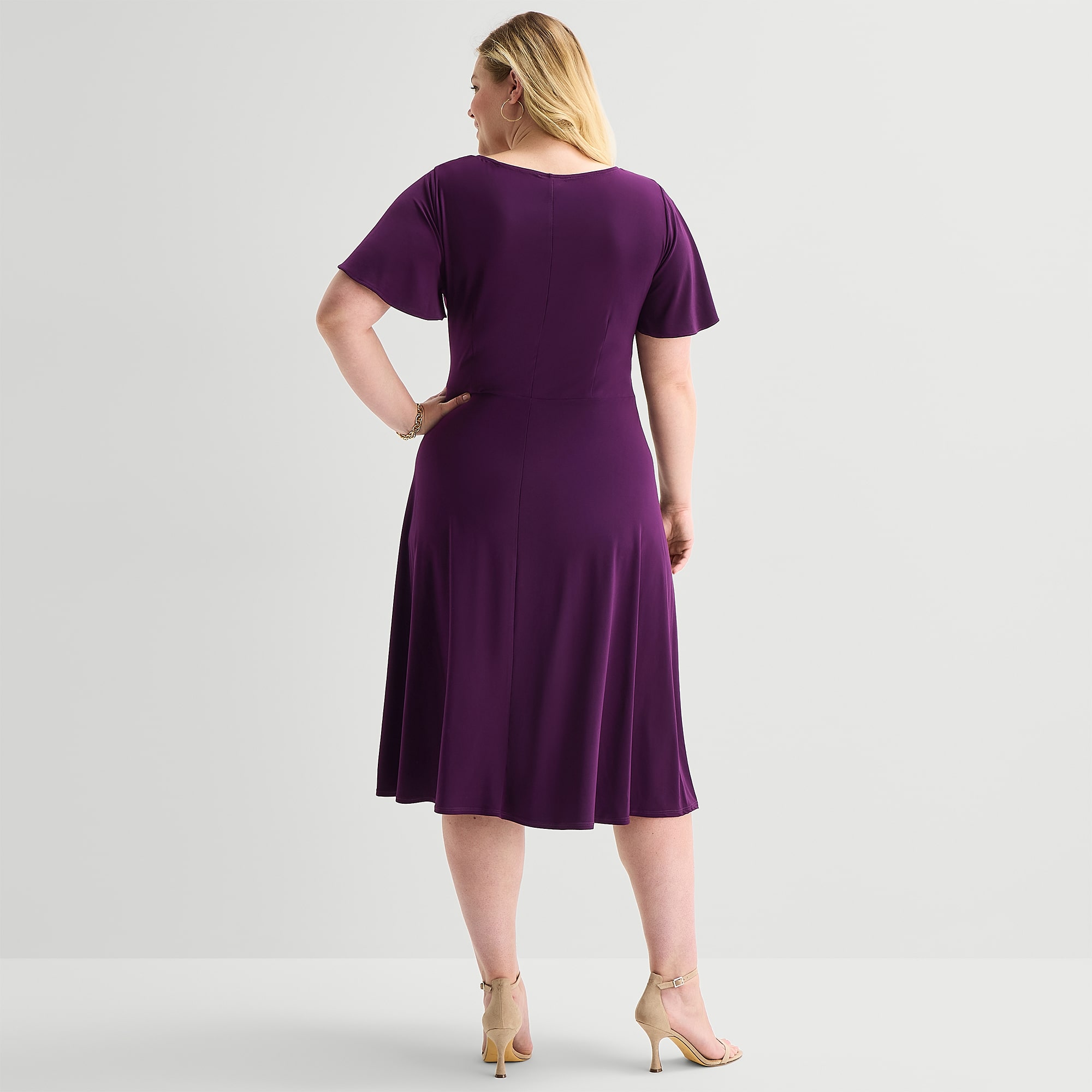 Perceptions Womens Plus Midi Round Neck Short Sleeve Flutter Fit + Flare Dress
