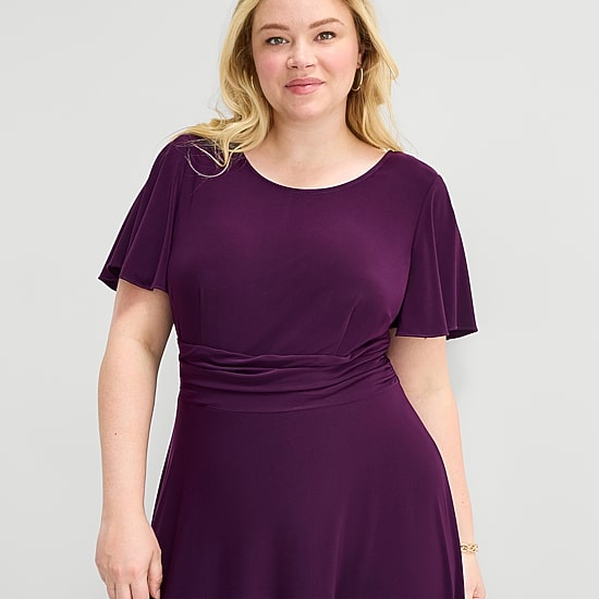 Perceptions Womens Plus Midi Round Neck Short Sleeve Flutter Fit +