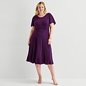 Perceptions Womens Plus Midi Round Neck Short Sleeve Flutter Fit + Flare Dress