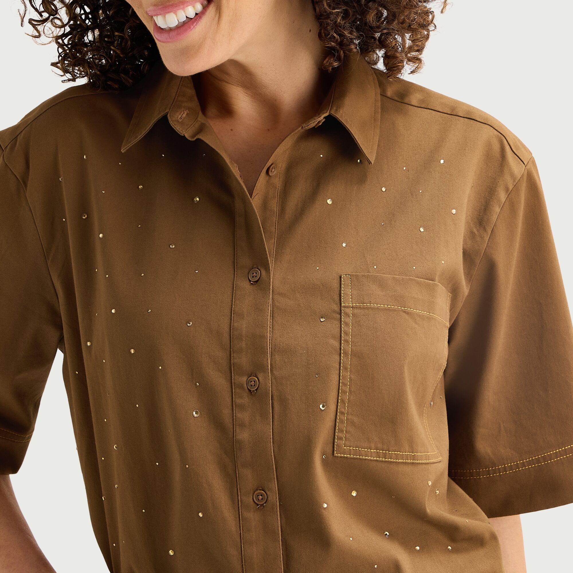 Liz Claiborne Studded Womens Short Sleeve Blouse