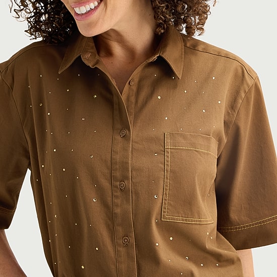 Liz Claiborne Studded Womens Short Sleeve Blouse