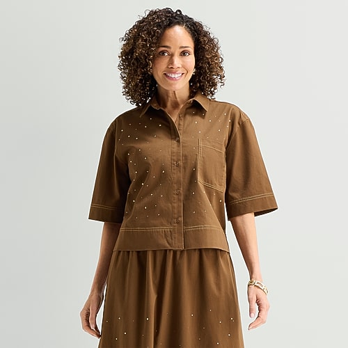 Liz Claiborne Studded Womens Short Sleeve Blouse In Brown