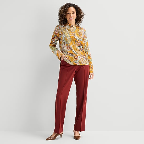 Liz Claiborne Womens Round Neck Cuffed Long Sleeve Regular Fit Button-Down Shirt