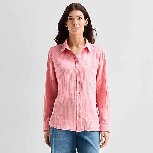 St. John's Bay Womens Long Sleeve Regular Fit Button-down Shirt In Pink