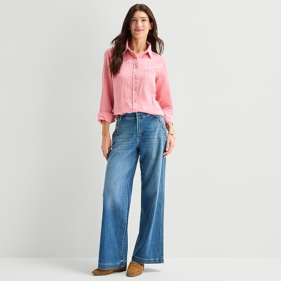 St. John's Bay Womens Long Sleeve Regular Fit Button-Down Shirt