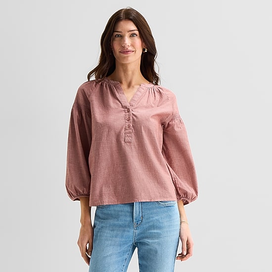 St. John's Bay Womens Y Neck 3/4 Sleeve Blouse