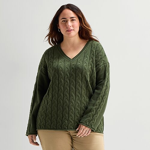 St. John's Bay Plus Womens V Neck Long Sleeve Pullover Sweater In Green