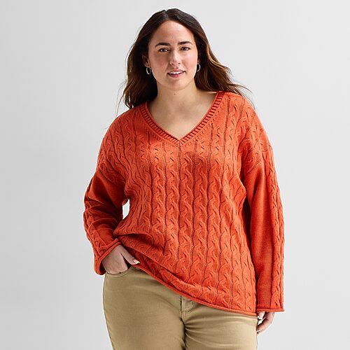 St. John's Bay Plus Womens V Neck Long Sleeve Pullover Sweater In Orange