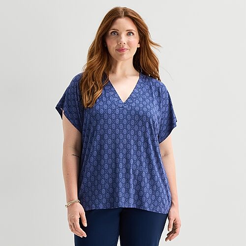 Liz Claiborne Womens Plus V Neck Short Sleeve T-shirt In Blue