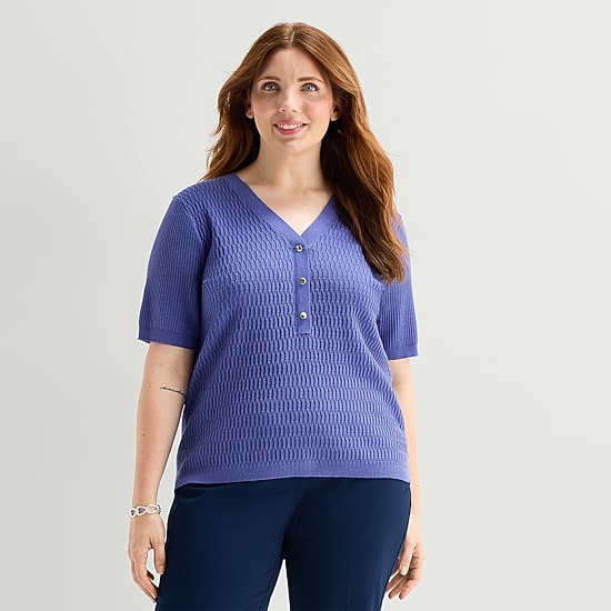 Liz Claiborne Plus Womens V Neck Short Sleeve Pullover Sweater