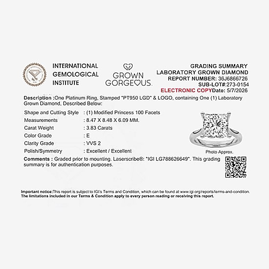 Grown Gorgeous (F / Vs2) Womens 3 3/4 CT. T.W. Lab Grown White Diamond Platinum Solitaire Engagement Ring