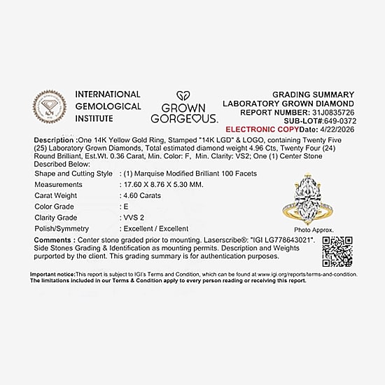 Grown Gorgeous (F / Vs2) Womens 4 7/8 Ct. T.W. Lab Grown White Diamond 14K Gold Marquise Side Stone Engagement Ring