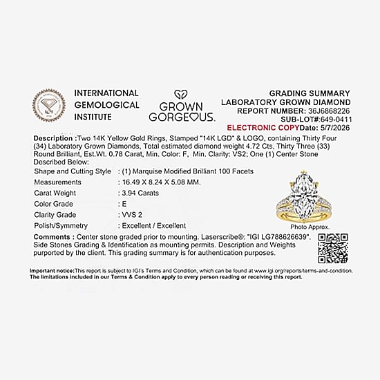 Grown Gorgeous (F / Vs2) Womens 4 5/8 Ct. T.W. Lab Grown White Diamond 14K Gold Marquise Side Stone Bridal Set