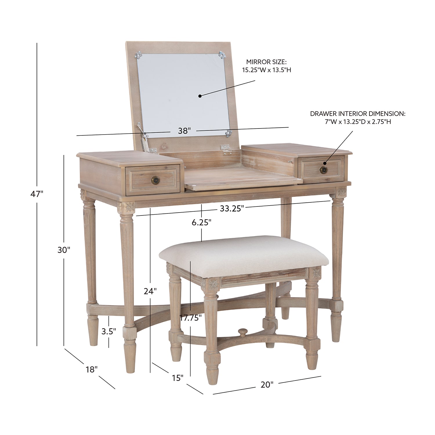 Linon Cyndi Gray Wash Mirrored Vanity Set